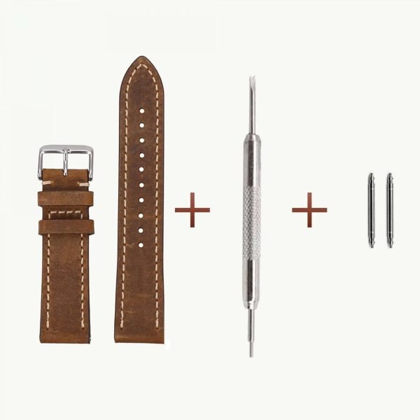 brown stitched leather strap with strap bar tool